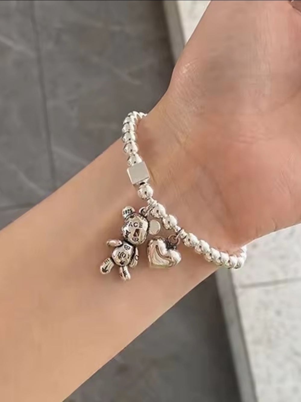 Silver Bead Bracelet with Heart & Teddy Charms - Picture 5 of 6